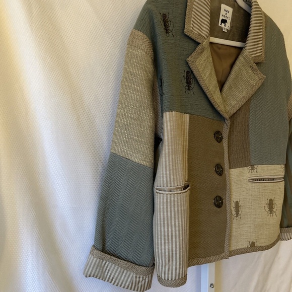 Max & Mabel Size Large Patchwork Boutique Blazer Button Front Silk Blend Top - Picture 8 of 13